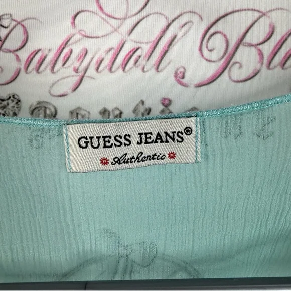 Guess top y2k fairy whimsy whimsical shirt blouse Sheer Teal Long Sleeve Top - Picture 13 of 15